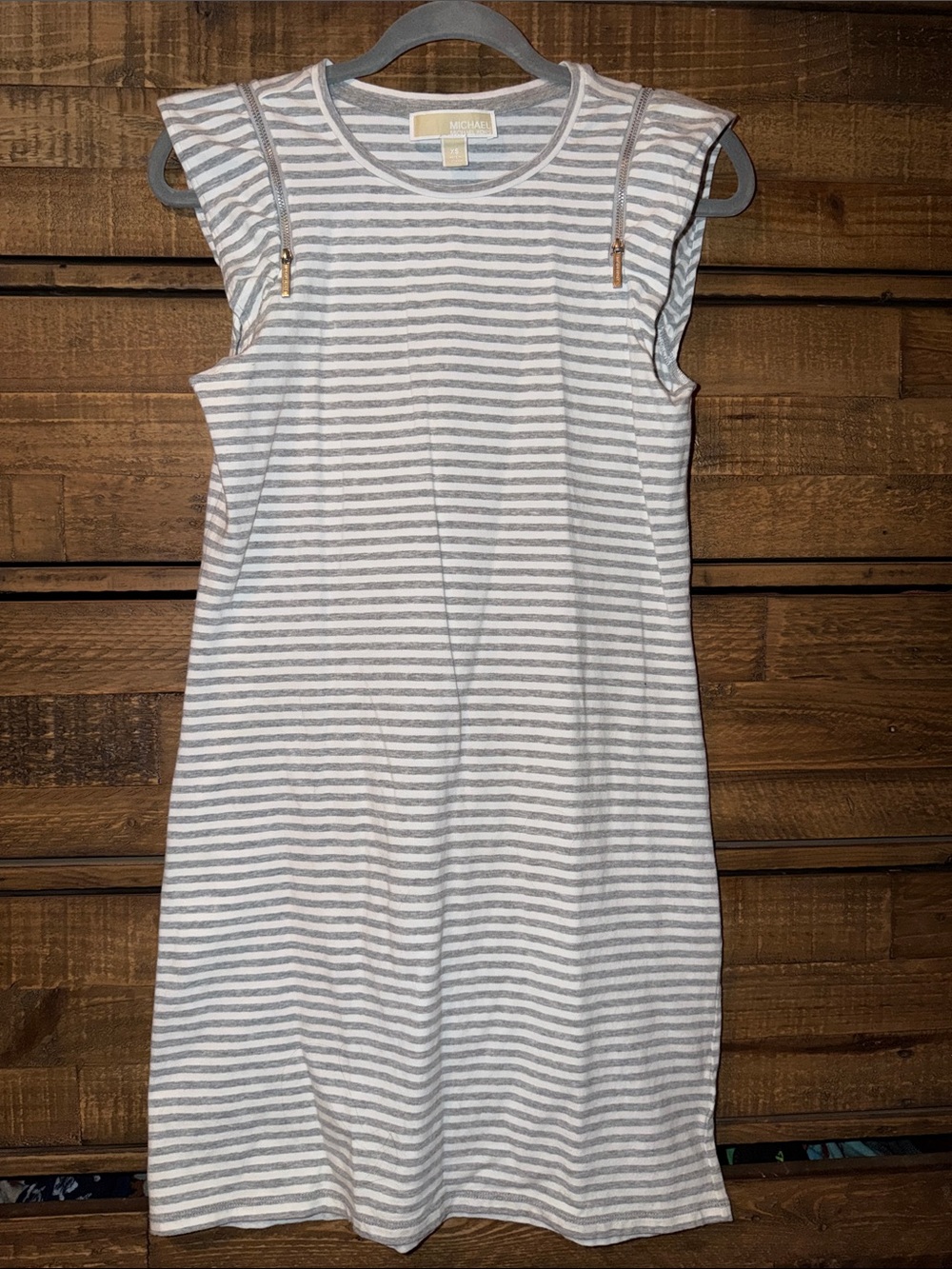 Michael Kors Gray and White Striped Sleeveless Dress with Zip Accents